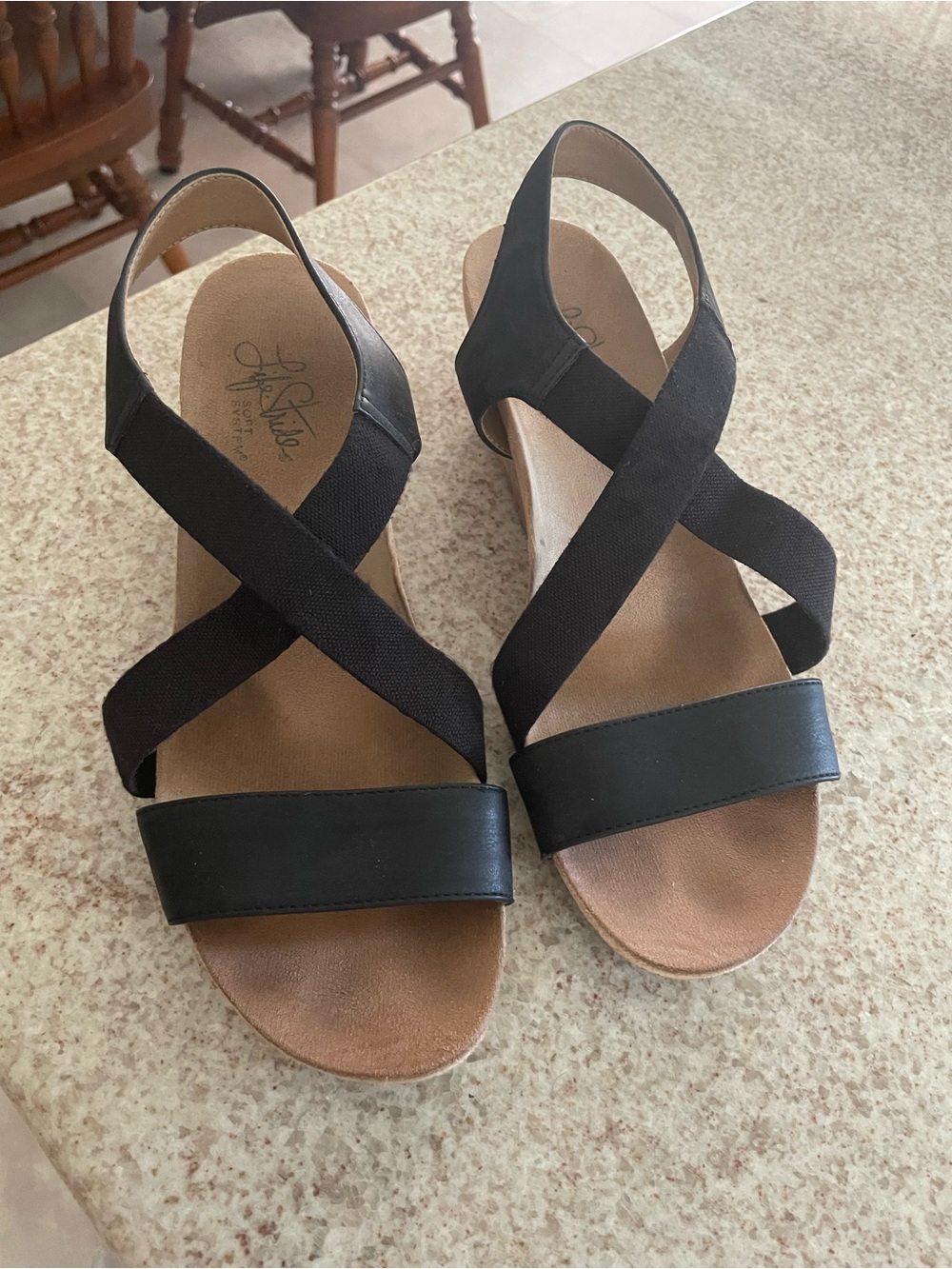 Life Stride Black Cross-Strap Slingback Wedge Sandals
